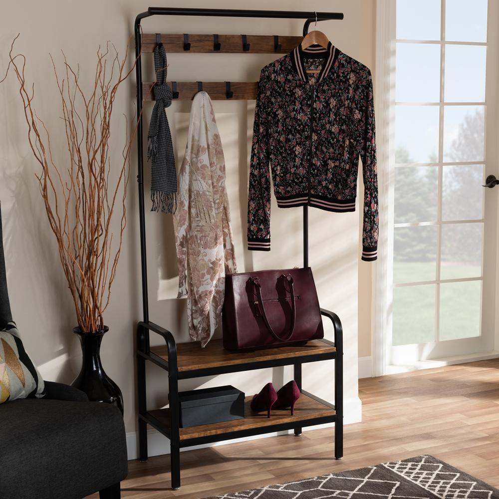 Aislin Vintage Rustic Industrial Distressed Wood and Black Metal Finished Entryway Hall Tree FredCo