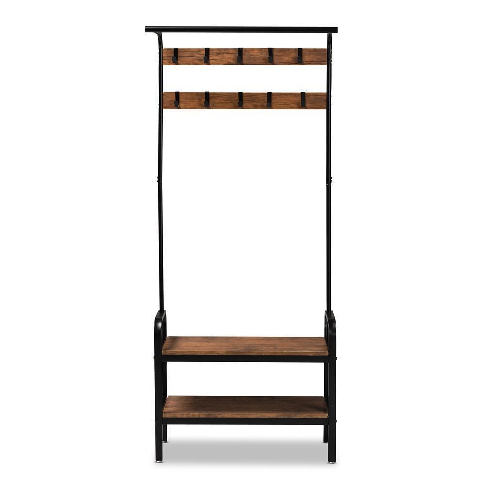 Aislin Vintage Rustic Industrial Distressed Wood and Black Metal Finished Entryway Hall Tree FredCo