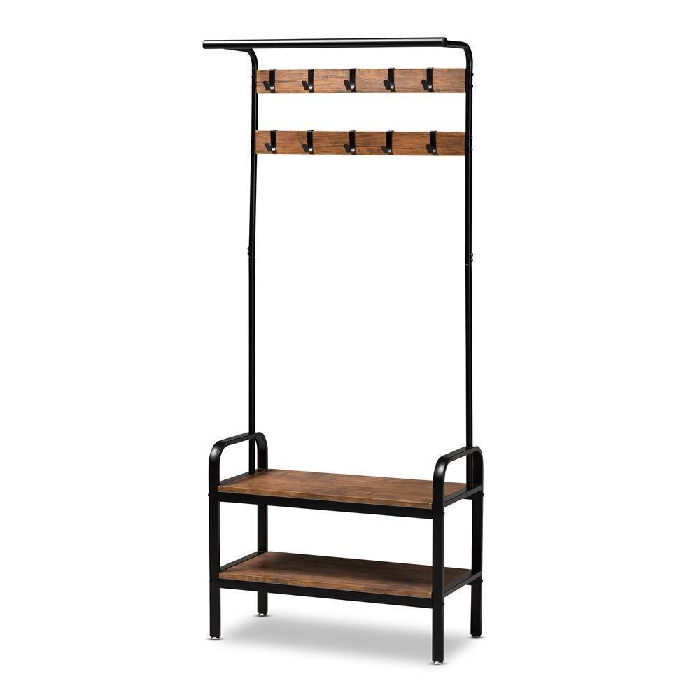 Aislin Vintage Rustic Industrial Distressed Wood and Black Metal Finished Entryway Hall Tree FredCo