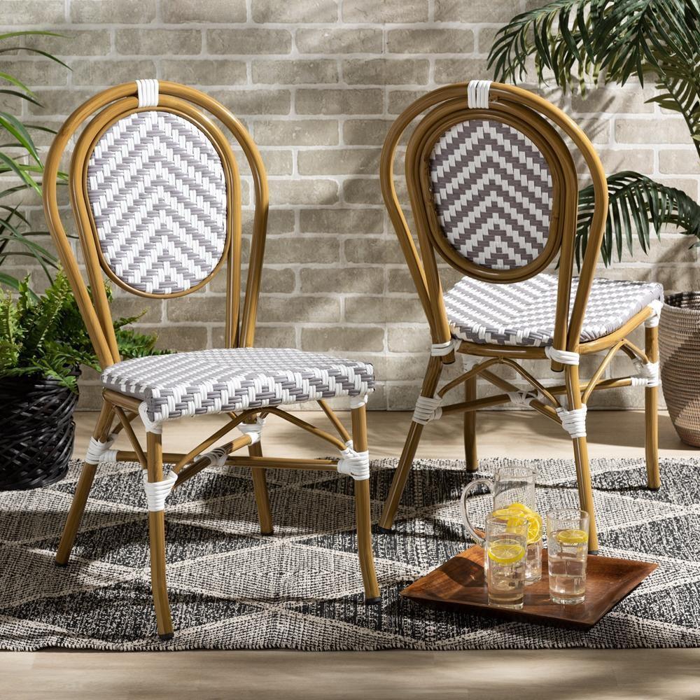 Alaire Classic French Indoor and Outdoor Grey and White Bamboo Style Stackable 2-Piece Bistro Dining Chair Set FredCo