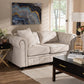 Alaise Modern Classic Beige Linen Tufted Scroll Arm Chesterfield Loveseat FredCo