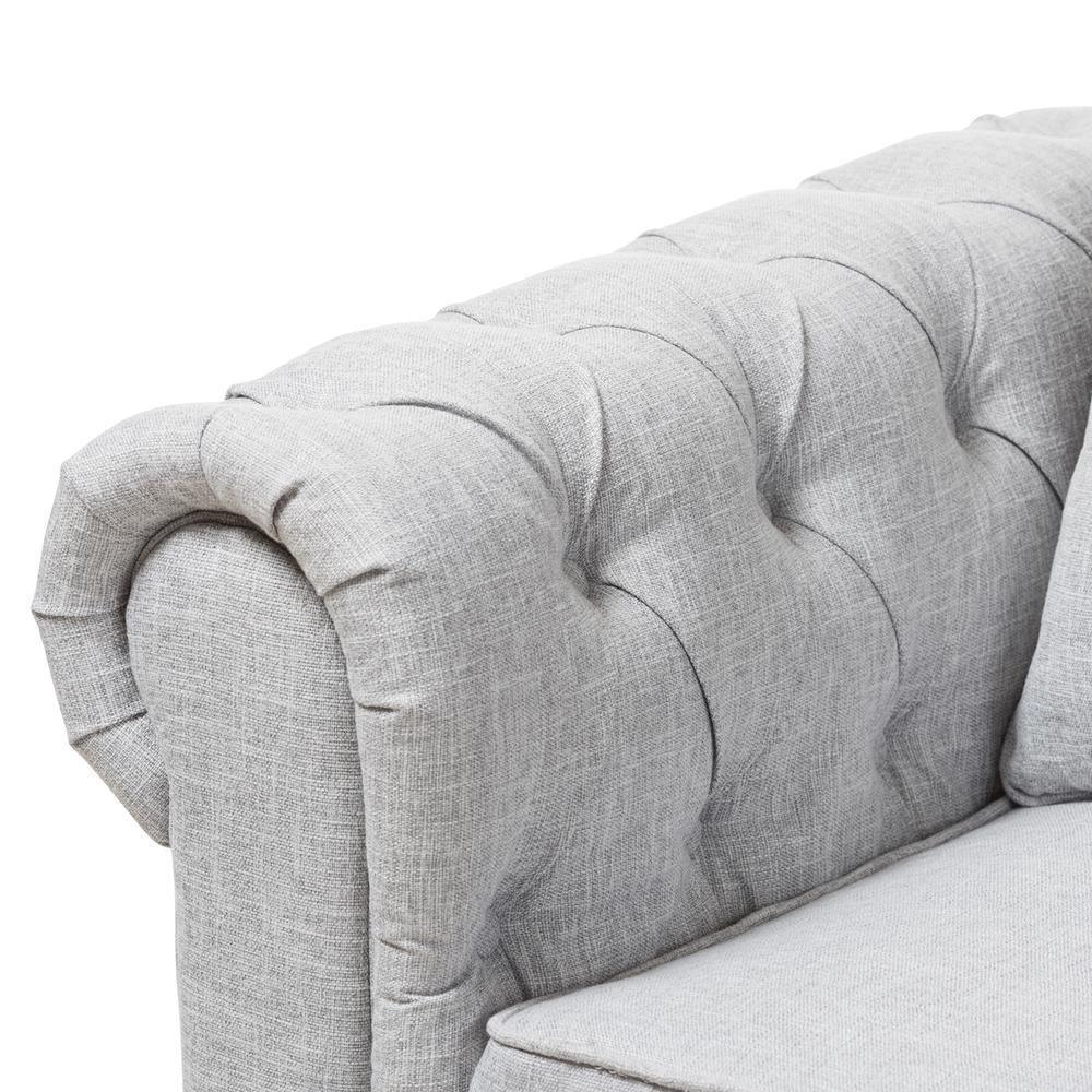 Alaise Modern Classic Grey Linen Tufted Scroll Arm Chesterfield Loveseat FredCo