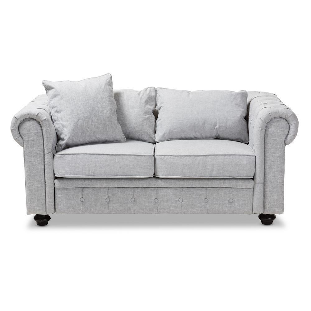 Alaise Modern Classic Grey Linen Tufted Scroll Arm Chesterfield Loveseat FredCo