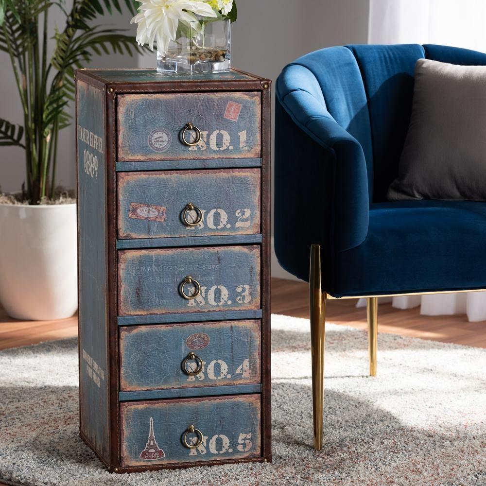 Alba Vintage Rustic French Inspired Blue Finished Wood 5-Drawer Accent Storage Cabinet FredCo