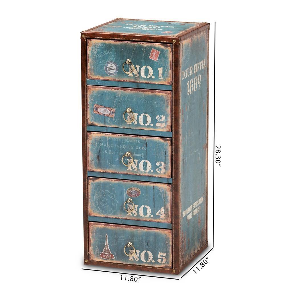 Alba Vintage Rustic French Inspired Blue Finished Wood 5-Drawer Accent Storage Cabinet FredCo