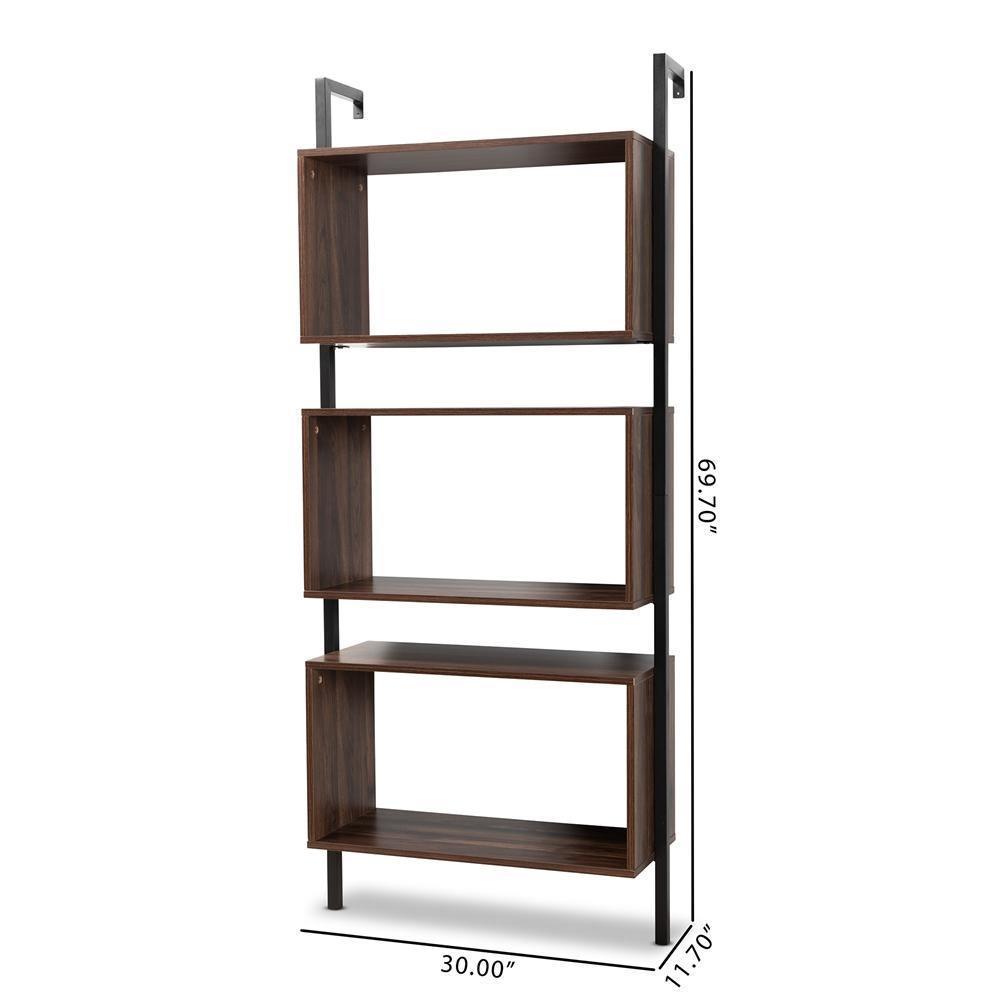 Aldis Modern Industrial Walnut Brown Finished Wood and Black Metal 3-Tier Display Shelf FredCo