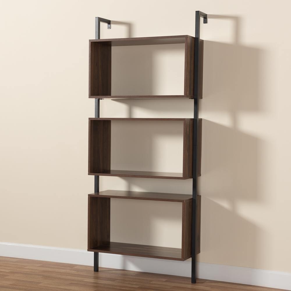 Aldis Modern Industrial Walnut Brown Finished Wood and Black Metal 3-Tier Display Shelf FredCo