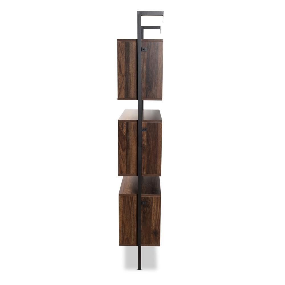 Aldis Modern Industrial Walnut Brown Finished Wood and Black Metal 3-Tier Display Shelf FredCo