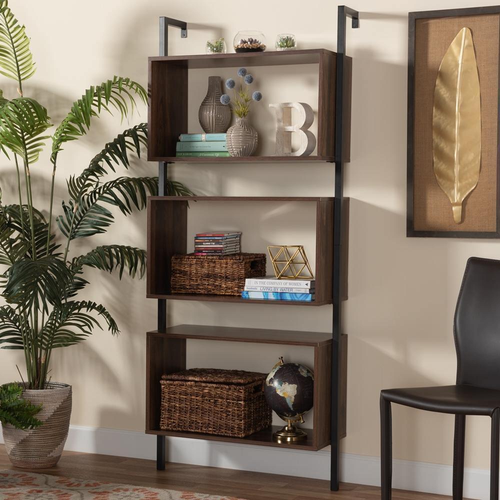 Aldis Modern Industrial Walnut Brown Finished Wood and Black Metal 3-Tier Display Shelf FredCo
