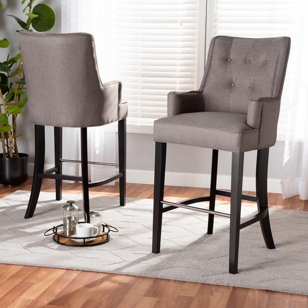 Aldon Modern and Contemporary Grey Fabric Upholstered and Dark Brown Finished Wood 2-Piece Bar Stool Set FredCo