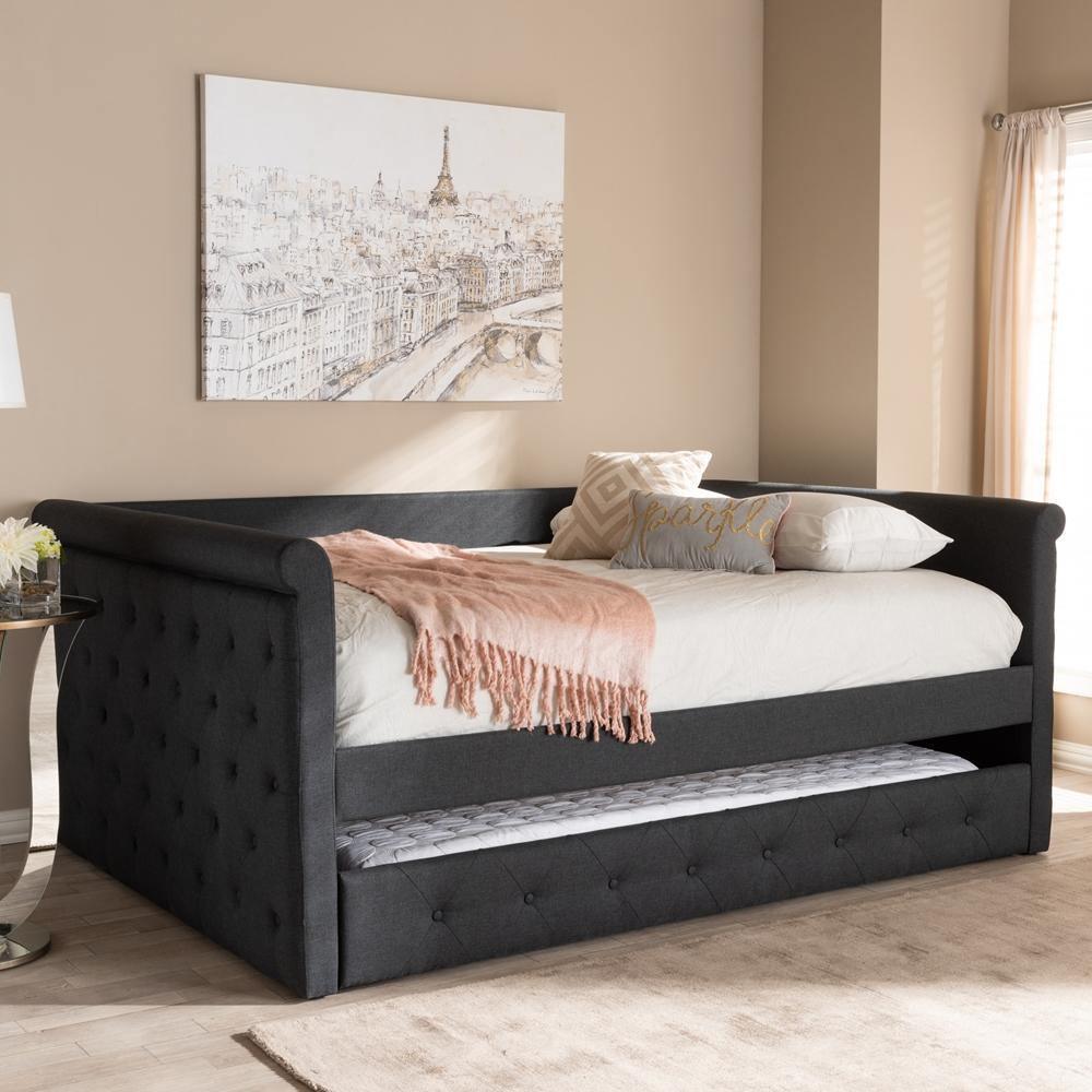 Alena Modern and Contemporary Dark Grey Fabric Upholstered Queen Size Daybed with Trundle FredCo