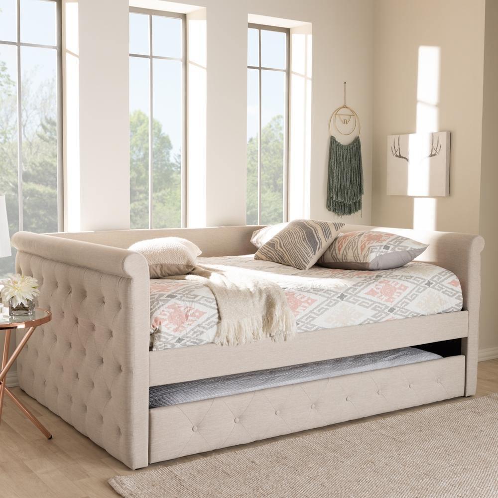 Alena Modern and Contemporary Light Beige Fabric Upholstered Full Size Daybed with Trundle FredCo