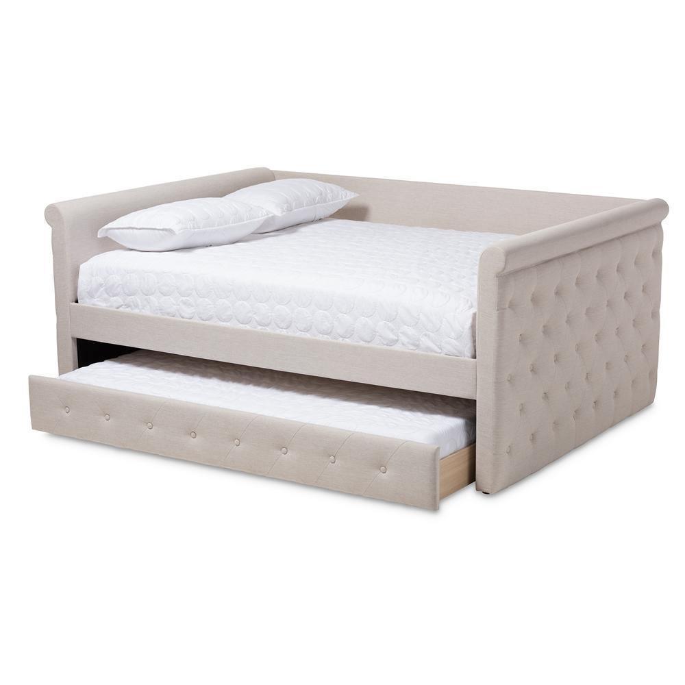 Alena Modern and Contemporary Light Beige Fabric Upholstered Full Size Daybed with Trundle FredCo