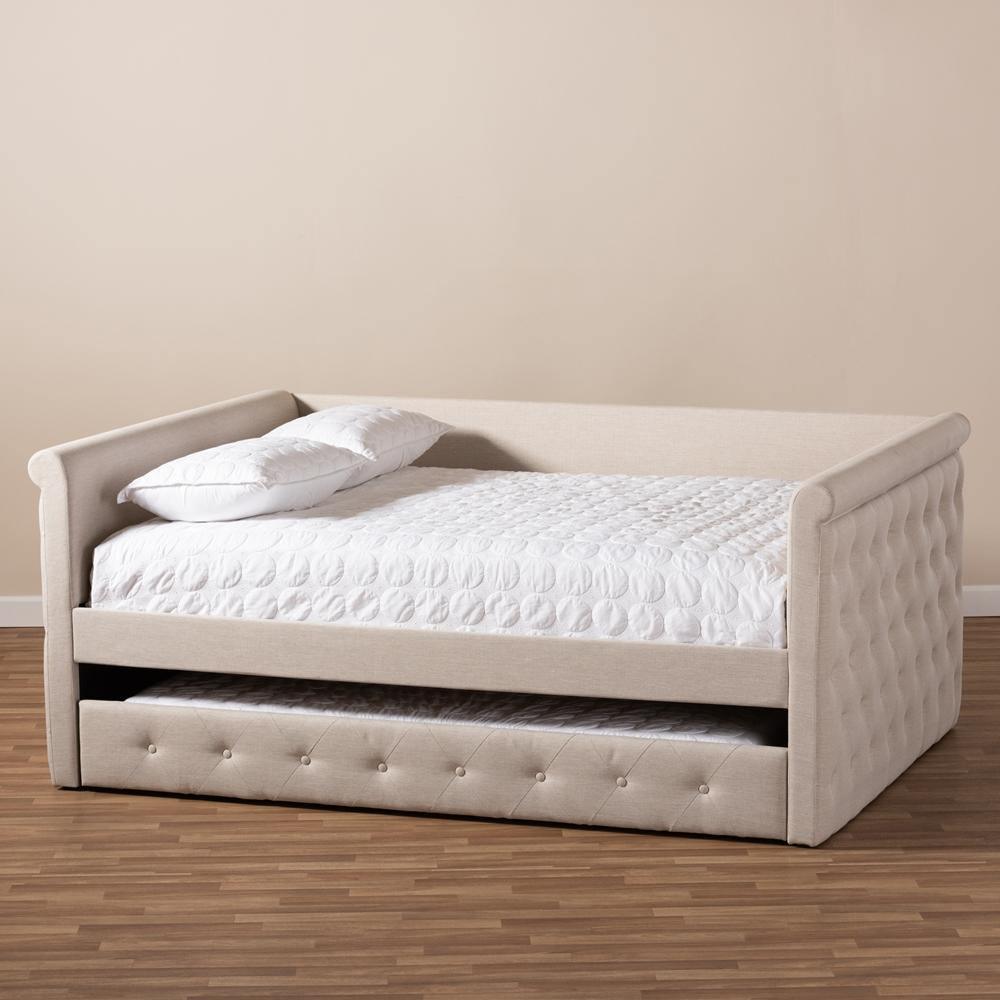 Alena Modern and Contemporary Light Beige Fabric Upholstered Full Size Daybed with Trundle FredCo