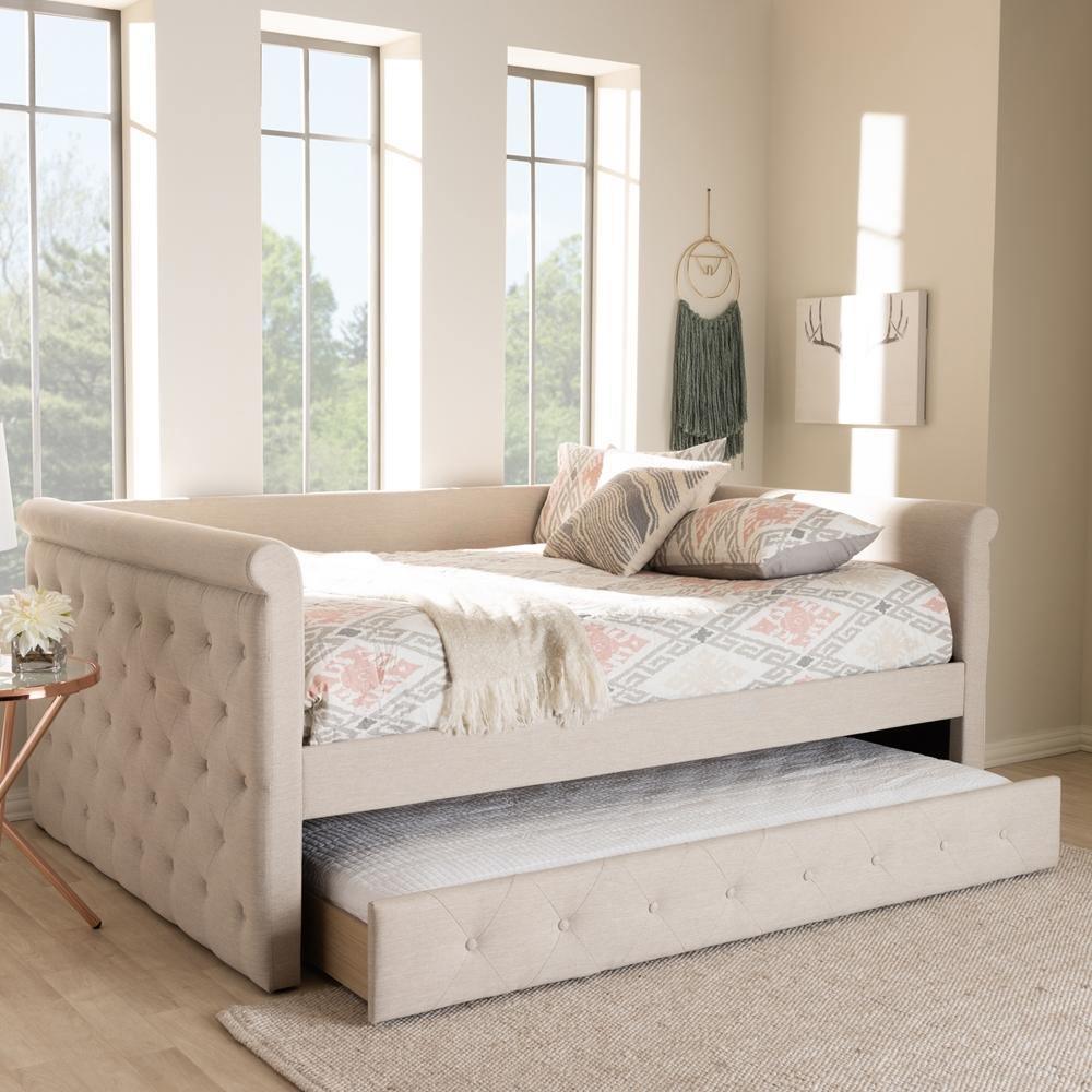 Alena Modern and Contemporary Light Beige Fabric Upholstered Queen Size Daybed with Trundle FredCo