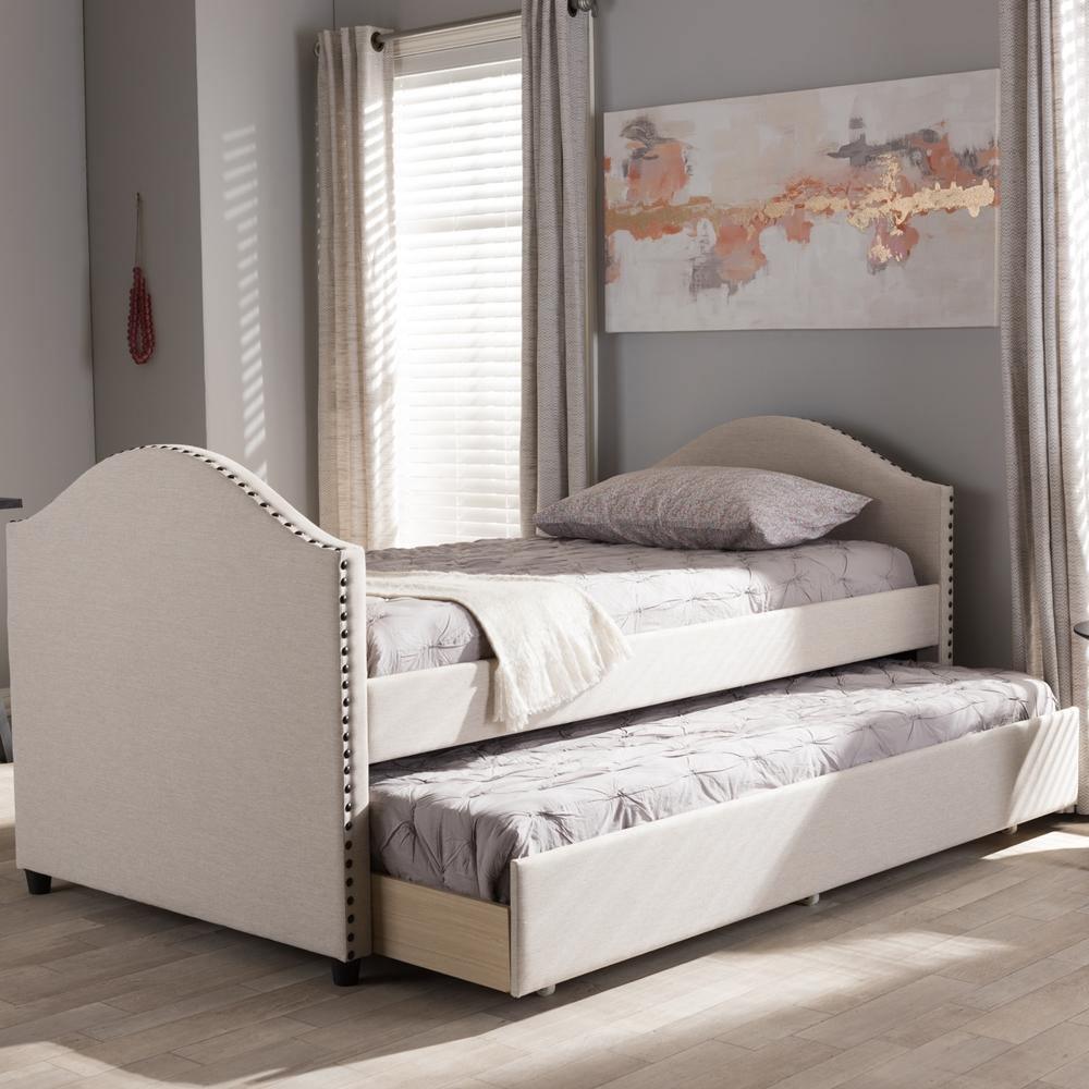 Alessia Modern and Contemporary Beige Fabric Upholstered Daybed with Guest Trundle Bed FredCo