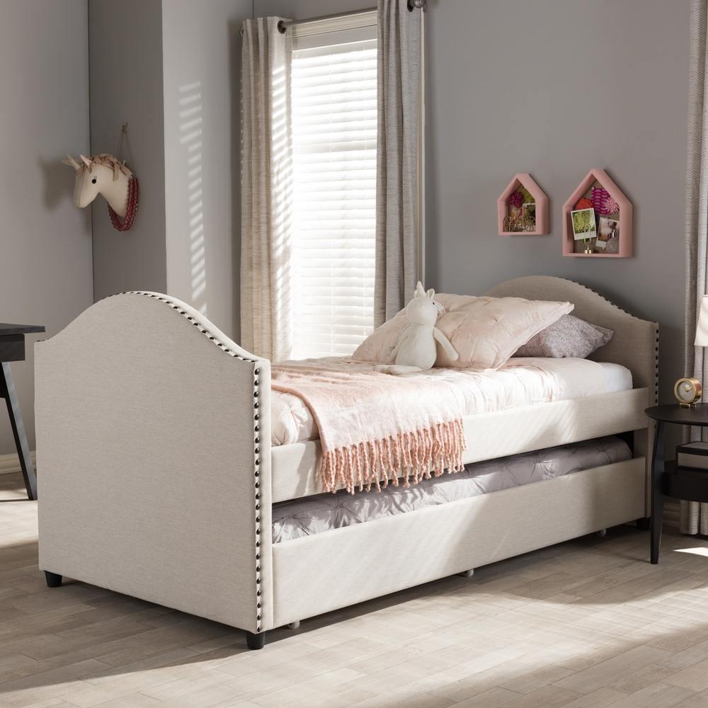 Alessia Modern and Contemporary Beige Fabric Upholstered Daybed with Guest Trundle Bed FredCo