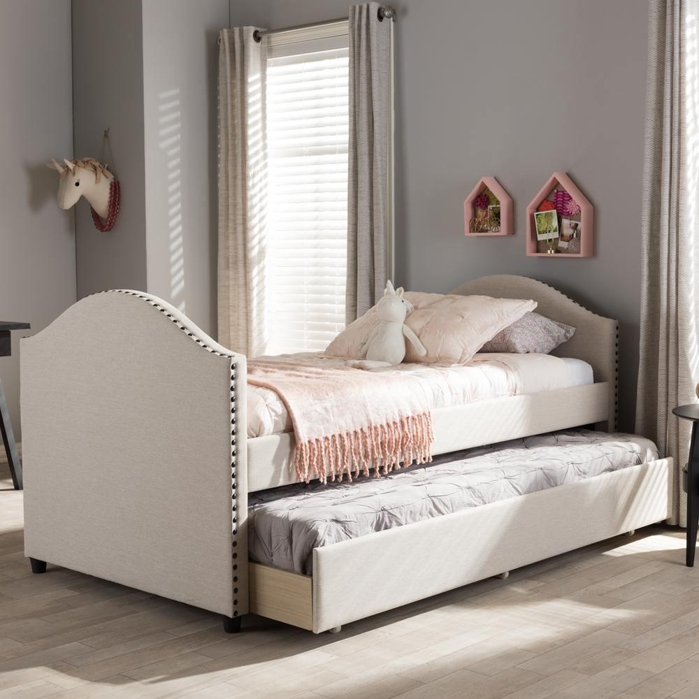 Alessia Modern and Contemporary Beige Fabric Upholstered Daybed with Guest Trundle Bed FredCo