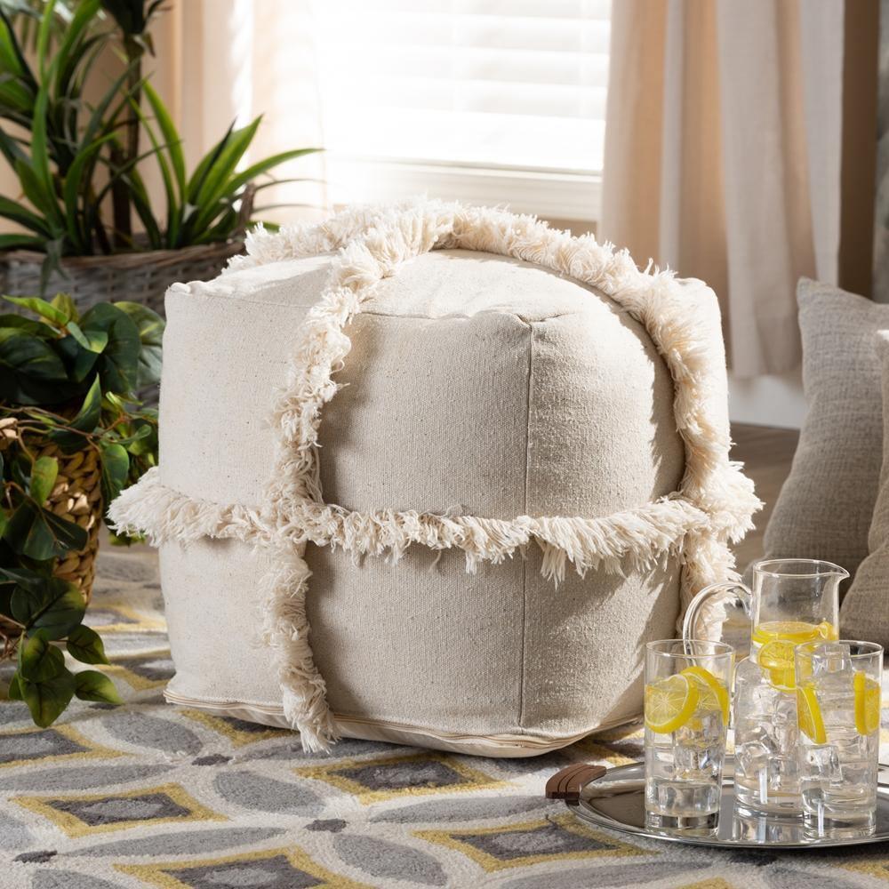 Alfro Moroccan Inspired Beige Handwoven Cotton Fringe Pouf Ottoman FredCo