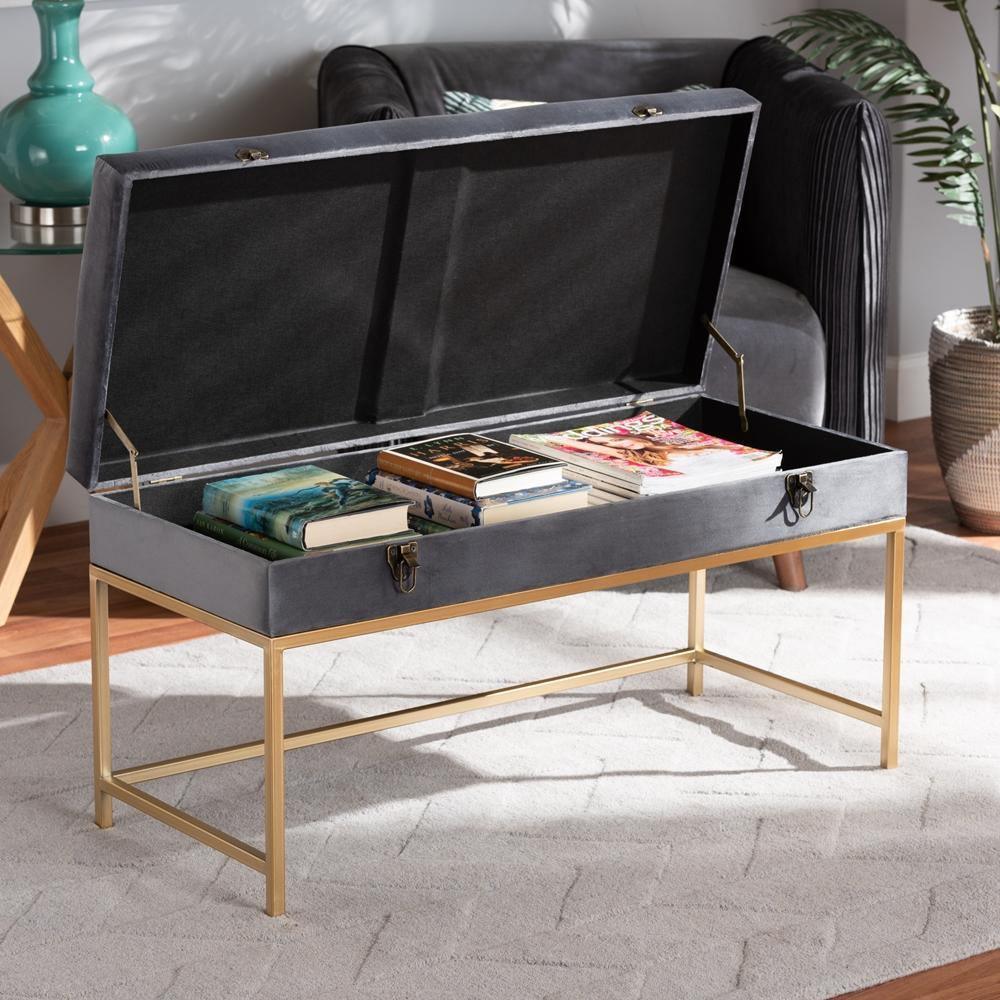 Aliana Glam and Luxe Grey Velvet Fabric Upholstered and Gold Finished Metal Large Storage Ottoman FredCo