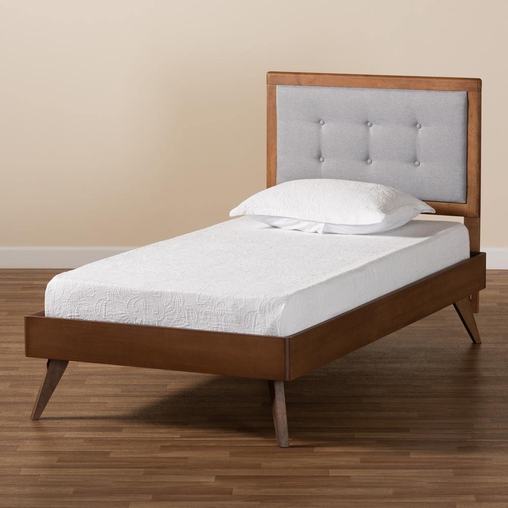 Alida Mid-Century Modern Light Grey Fabric Upholstered and Walnut Brown Finished Wood Twin Size Platform Bed FredCo