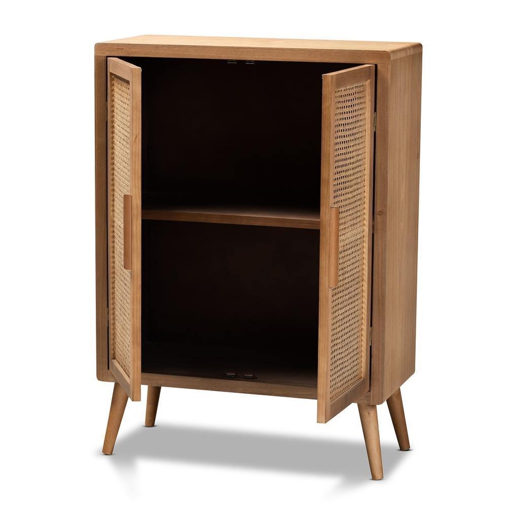 Alina Mid-Century Modern Medium Oak Finished Wood and Rattan 2-Door Accent Storage Cabinet FredCo