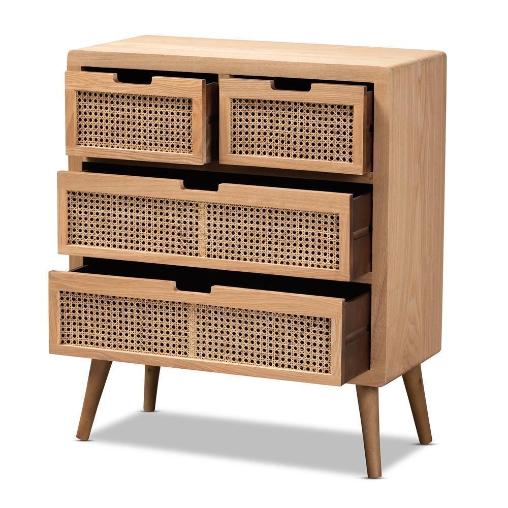 Alina Mid-Century Modern Medium Oak Finished Wood and Rattan 4-Drawer Accent Storage Cabinet FredCo