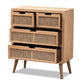 Alina Mid-Century Modern Medium Oak Finished Wood and Rattan 4-Drawer Accent Storage Cabinet FredCo