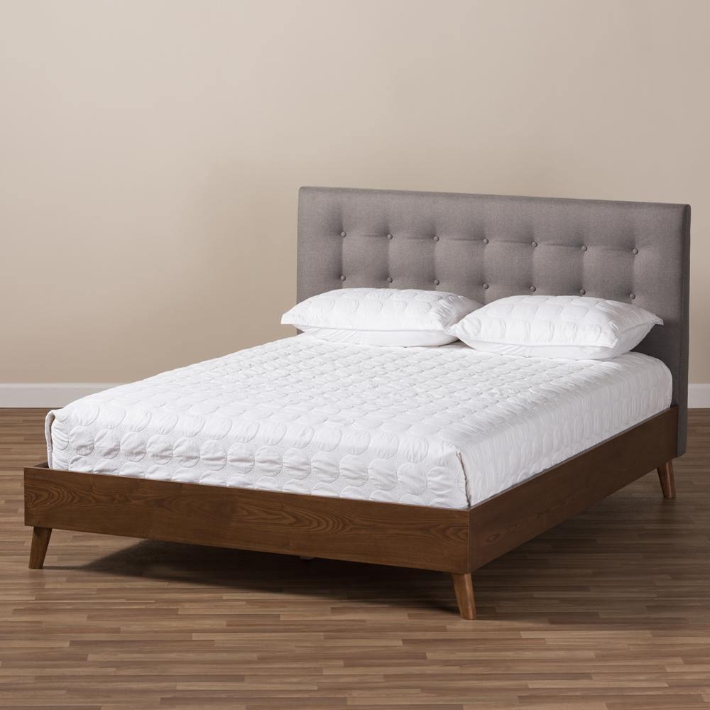 Alinia Mid-century Retro Modern Grey Fabric Upholstered Walnut Wood King Size Platform Bed FredCo