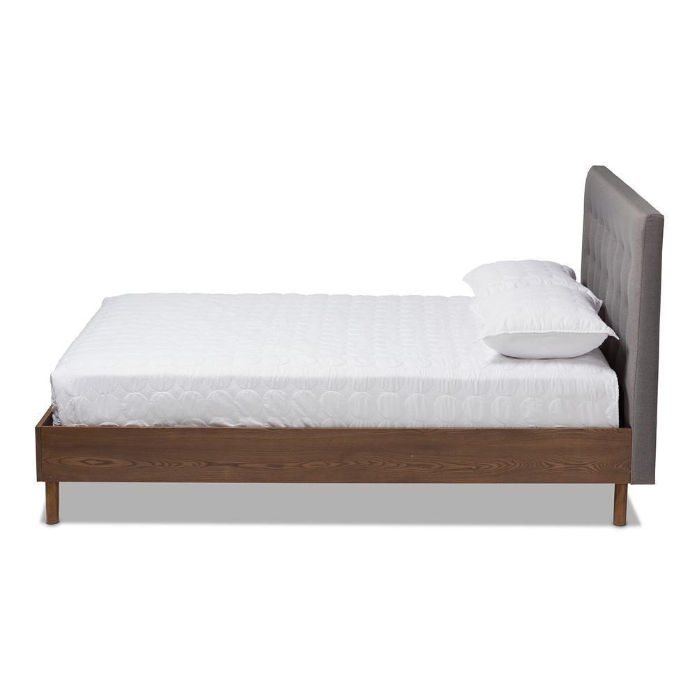 Alinia Mid-century Retro Modern Grey Fabric Upholstered Walnut Wood King Size Platform Bed FredCo