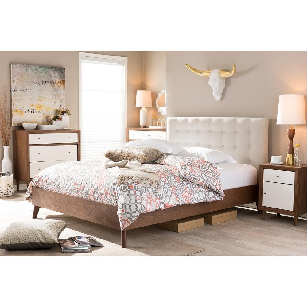 Alinia Mid-century Retro Modern Light Beige Fabric Upholstered Walnut Wood Queen Size Platform Bed FredCo