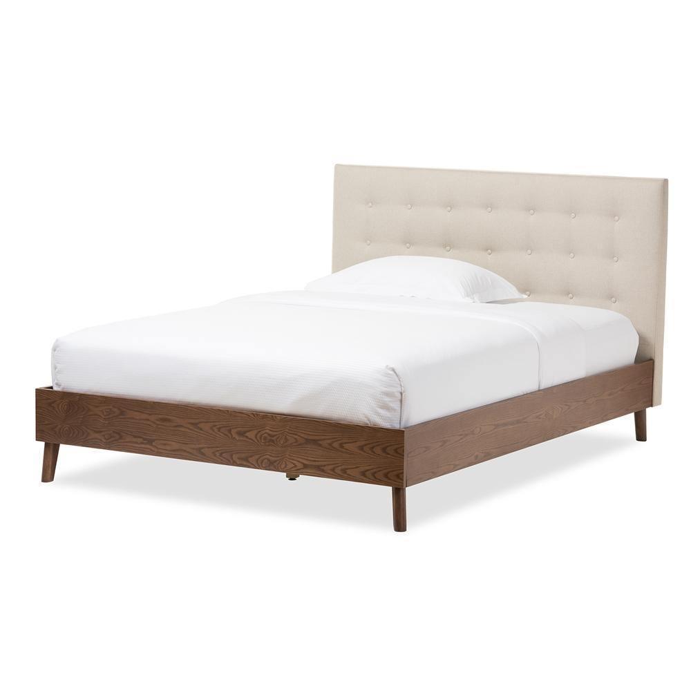 Alinia Mid-century Retro Modern Light Beige Fabric Upholstered Walnut Wood Queen Size Platform Bed FredCo