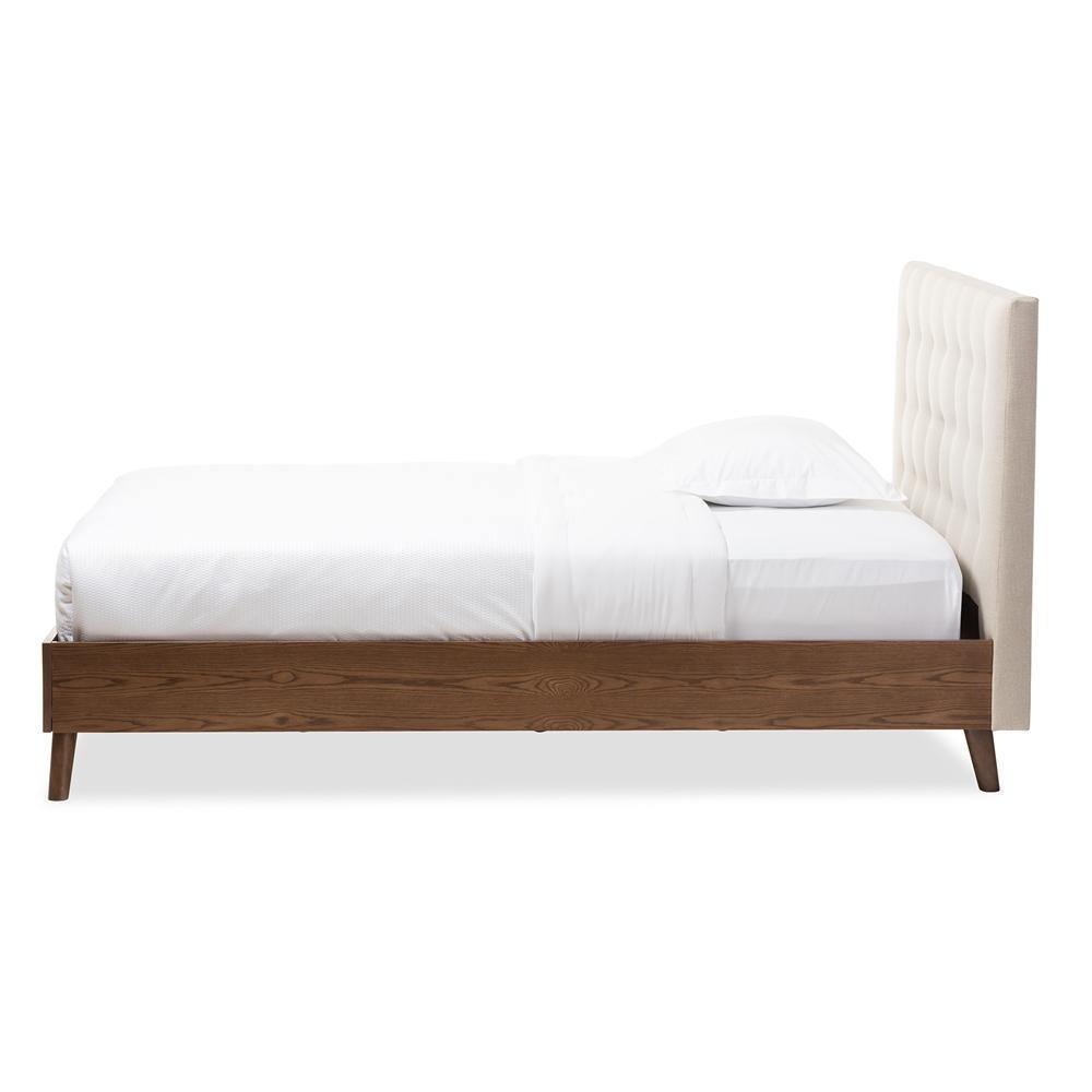 Alinia Mid-century Retro Modern Light Beige Fabric Upholstered Walnut Wood Queen Size Platform Bed FredCo