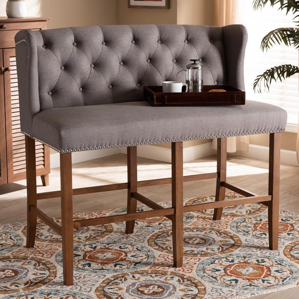 Alira Modern and Contemporary Grey Fabric Upholstered Walnut Finished Wood Button Tufted Bar Stool Bench FredCo