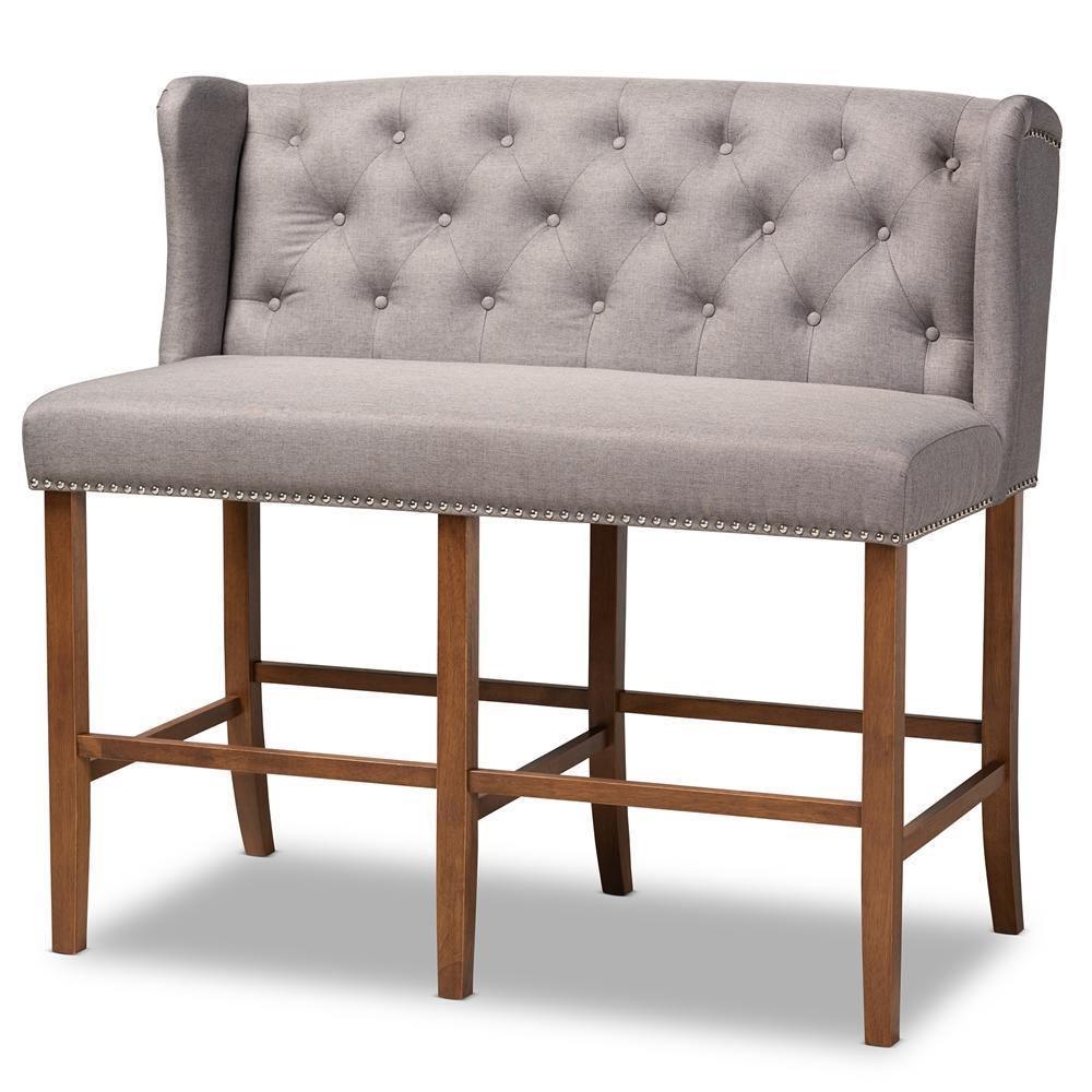 Alira Modern and Contemporary Grey Fabric Upholstered Walnut Finished Wood Button Tufted Bar Stool Bench FredCo