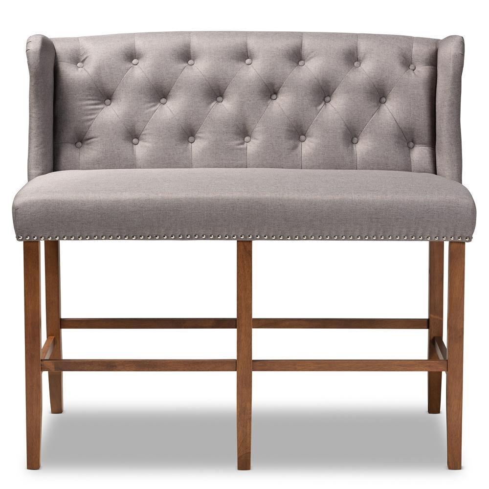 Alira Modern and Contemporary Grey Fabric Upholstered Walnut Finished Wood Button Tufted Bar Stool Bench FredCo