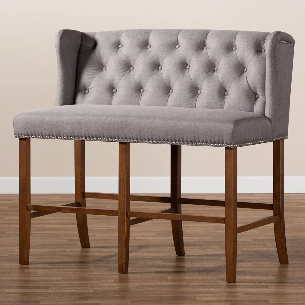 Alira Modern and Contemporary Grey Fabric Upholstered Walnut Finished Wood Button Tufted Bar Stool Bench FredCo