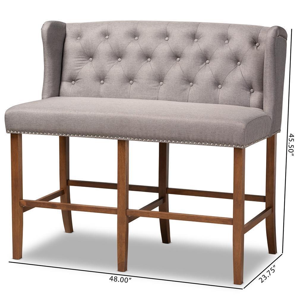 Alira Modern and Contemporary Grey Fabric Upholstered Walnut Finished Wood Button Tufted Bar Stool Bench FredCo