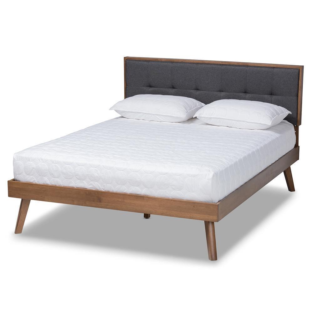 Alke Mid-Century Modern Dark Grey Fabric Upholstered Walnut Brown Finished Wood Full Size Platform Bed FredCo