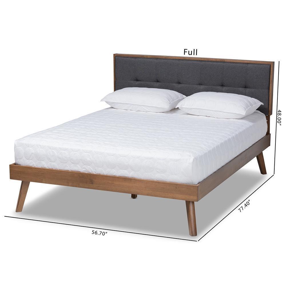 Alke Mid-Century Modern Dark Grey Fabric Upholstered Walnut Brown Finished Wood Full Size Platform Bed FredCo