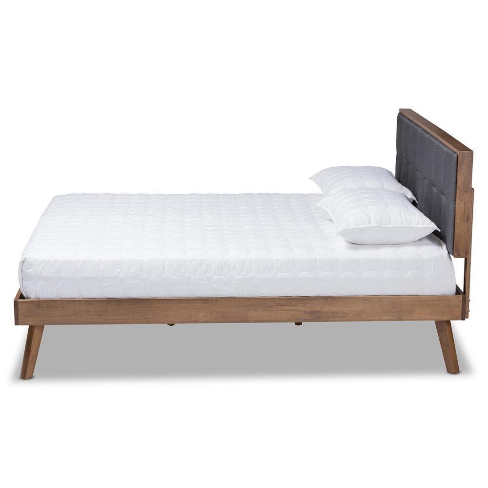 Alke Mid-Century Modern Dark Grey Fabric Upholstered Walnut Brown Finished Wood King Size Platform Bed FredCo