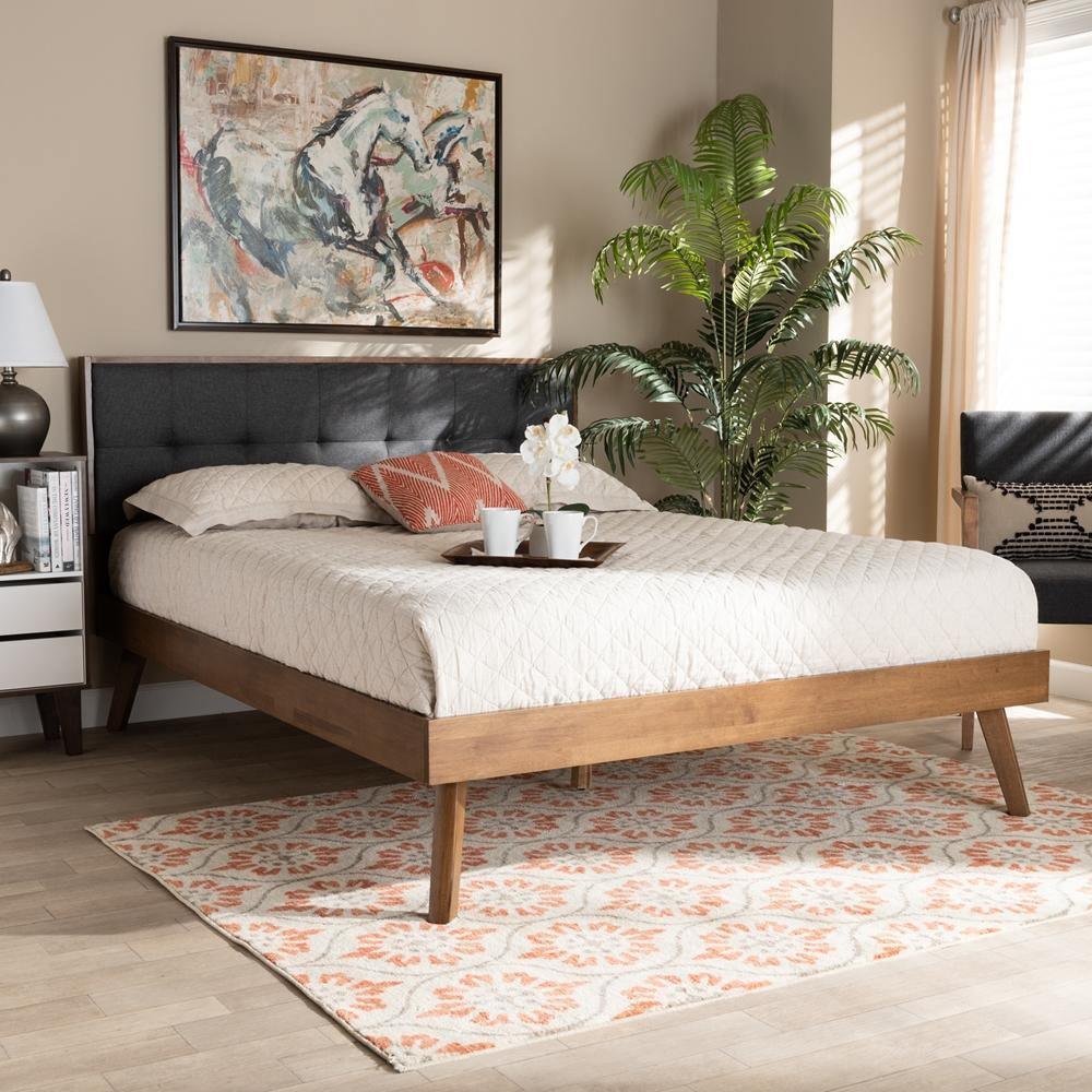 Alke Mid-Century Modern Dark Grey Fabric Upholstered Walnut Brown Finished Wood King Size Platform Bed FredCo