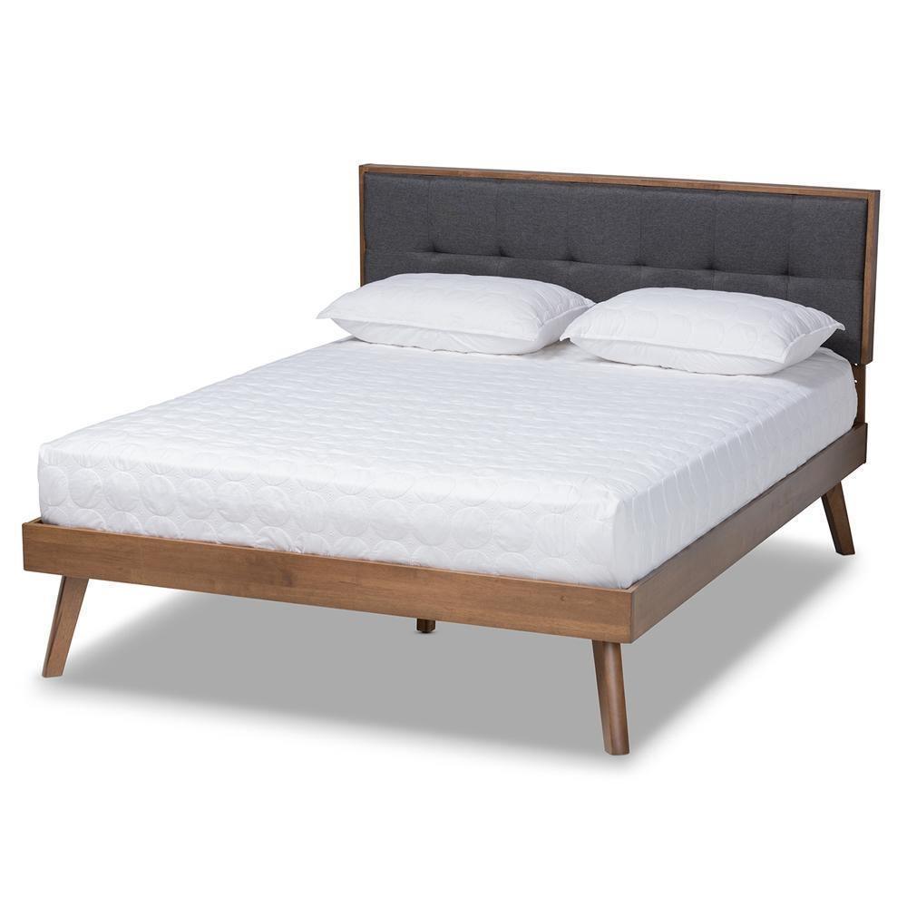 Alke Mid-Century Modern Dark Grey Fabric Upholstered Walnut Brown Finished Wood King Size Platform Bed FredCo