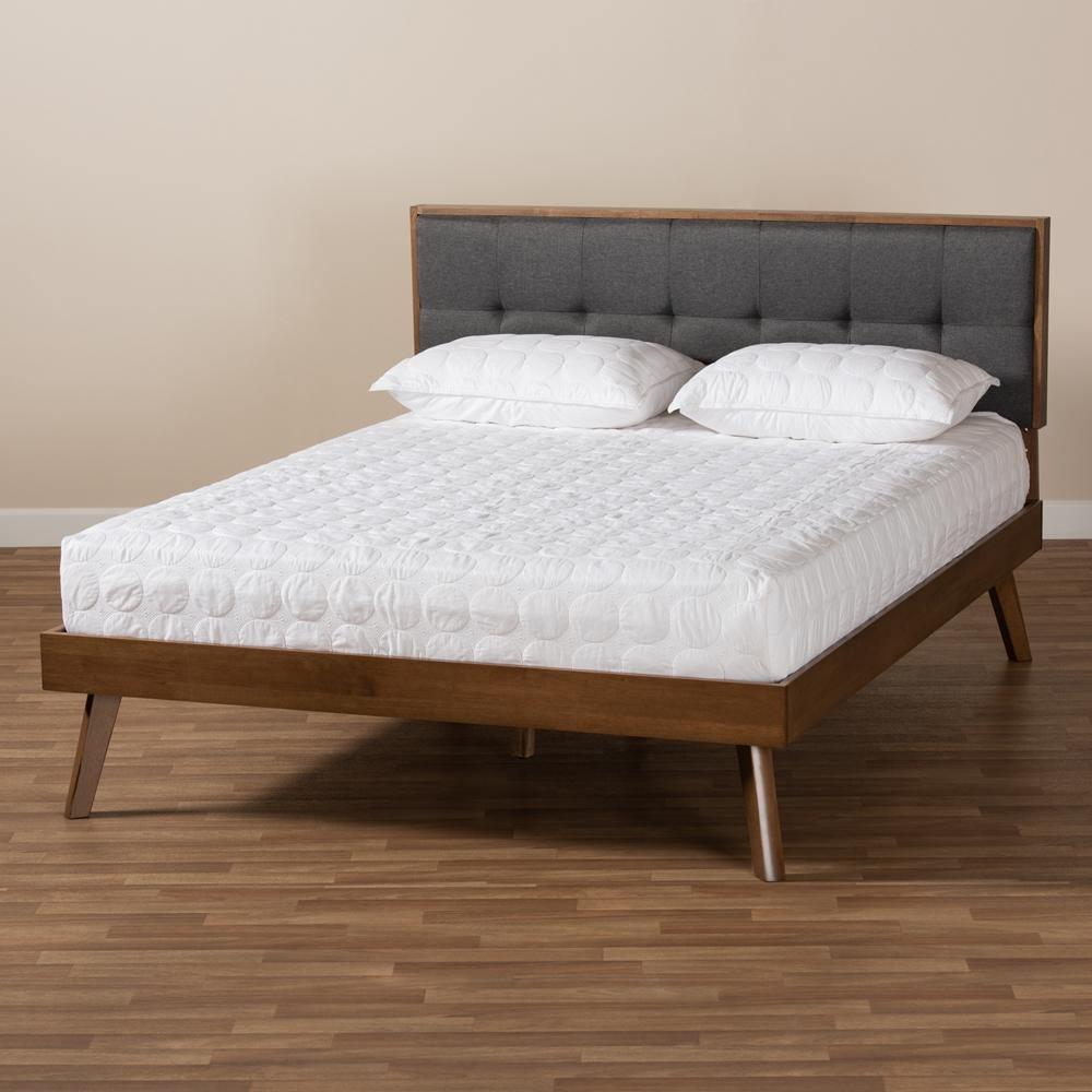 Alke Mid-Century Modern Dark Grey Fabric Upholstered Walnut Brown Finished Wood King Size Platform Bed FredCo