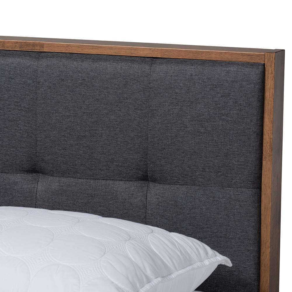 Alke Mid-Century Modern Dark Grey Fabric Upholstered Walnut Brown Finished Wood King Size Platform Bed FredCo
