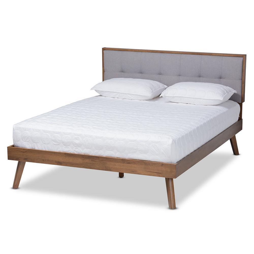 Alke Mid-Century Modern Light Grey Fabric Upholstered Walnut Brown Finished Wood King Size Platform Bed FredCo
