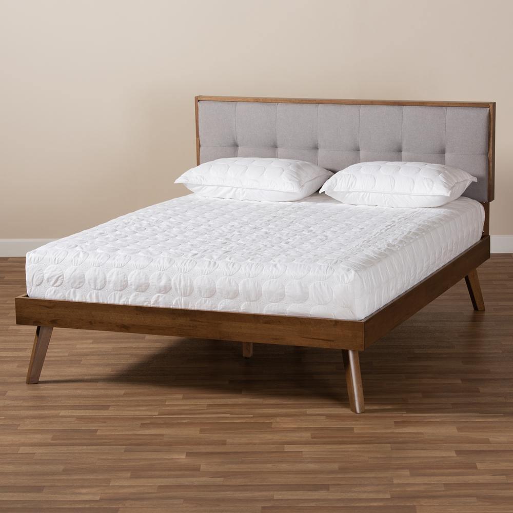 Alke Mid-Century Modern Light Grey Fabric Upholstered Walnut Brown Finished Wood Queen Size Platform Bed FredCo