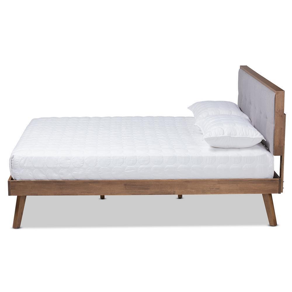 Alke Mid-Century Modern Light Grey Fabric Upholstered Walnut Brown Finished Wood Queen Size Platform Bed FredCo