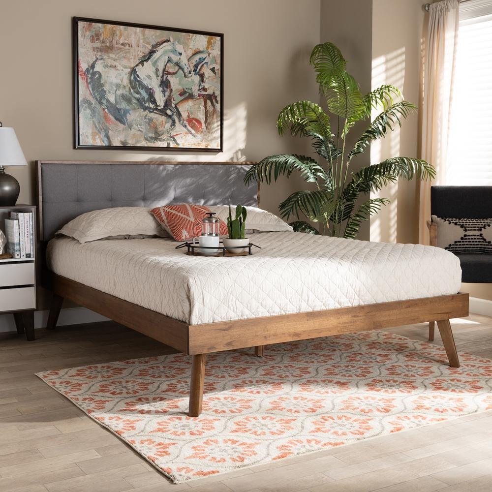 Alke Mid-Century Modern Light Grey Fabric Upholstered Walnut Brown Finished Wood Queen Size Platform Bed FredCo