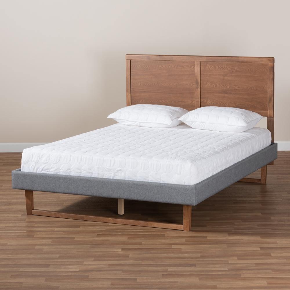 Allegra Mid-Century Modern Dark Grey Fabric Upholstered and Ash Walnut Brown Finished Wood Full Size Platform Bed FredCo